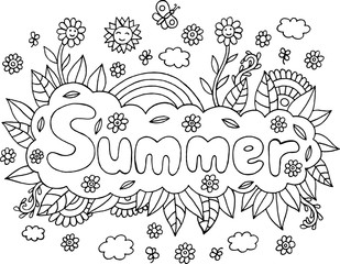 Coloring page for adults with mandala and Summer word. Doodle lettering ink outline artwork. Vector illustration