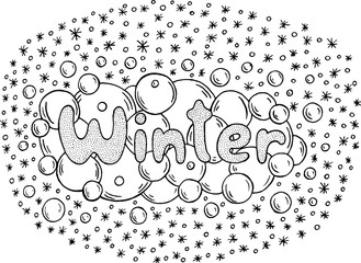 Coloring page for adults with mandala and Winter word. Doodle lettering ink outline artwork. Vector illustration