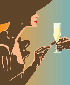 Drinking champagne / Woman a glass of champagne. Creative conceptual vector.