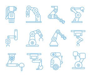 robot arm icons, blue line icons