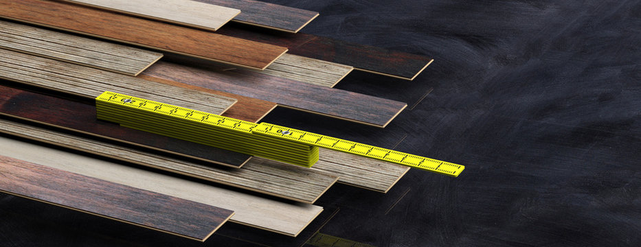 Yellow wooden folding ruler on laminate floor panels stack, black background, banner, copy space. 3d illustration