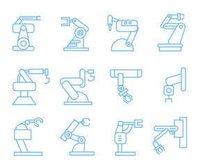 robot arm icons, blue line icons