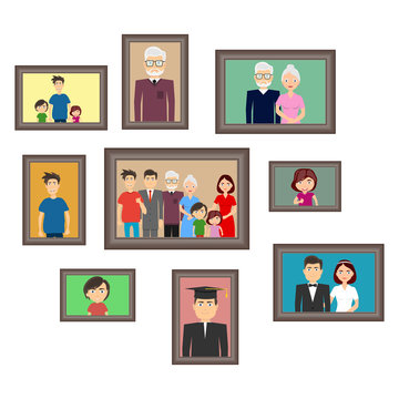 Portraits of the family, a set of family photos, a set of portraits of people. Flat design, vector illustration, vector.