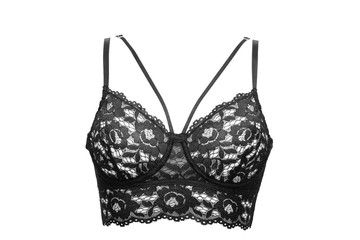 Women's erotic bra of lace black fabric on a white background