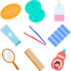 Bathroom accessories. Accessories for washing in the bathroom. Washcloth, comb, toothbrush, shampoo. Flat design, vector illustration, vector.