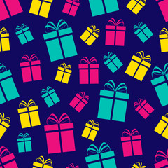 Colorful gift boxes seamless pattern. Holidays background. Colored flat present icons. Repeat texture. Vector illustration. Can use for holidays design, birthday, Christmas and New Year decoration.