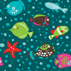 Fototapeta premium Seamless pattern with cute cartoon fish on a green background