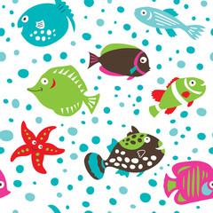 Seamless pattern with a cute cartoon fish on a white background