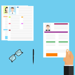 The choice of the resume, the businessman chooses the personnel. Choosing the right candidate for work. Flat design, vector illustration, vector.