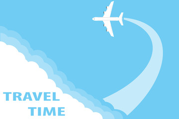 The concept of traveling by plane. Flying plane from the clouds against the blue sky. Flat design, vector illustration, vector.