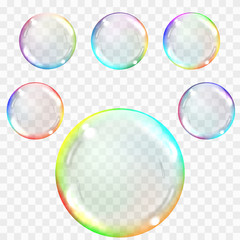 Transparent soap bubbles. Realistic illustration on checkered background. Set of multicolored transparent glass spheres. Transparency only in vector format. Can be used with any background.