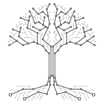 Technological tree in the form of a printed circuit board. Black and white wood in the form of connections of the technological board. Flat design, vector illustration, vector.