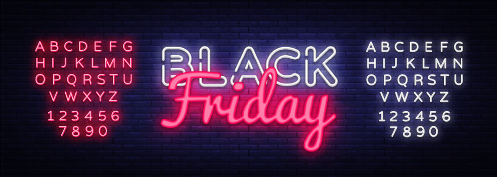 Black Friday Sale Neon Text Vector Design Template. Black Friday Sale Neon Logo, Light Banner Design Element Colorful Modern Design Trend, Night Bright Advertising. Vector. Editing Text Neon Sign