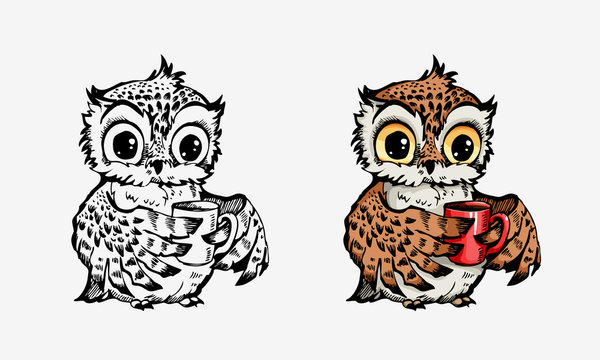 Cute owls collection coloring and line isolated on white