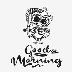 Hand drawn owl with cup of coffee.