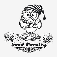 Hand drawn owl with cup of coffee.