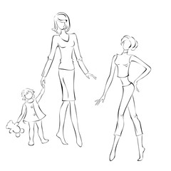 silhouettes of a young mother with her child and fashionable slender girl in black lines on a white background