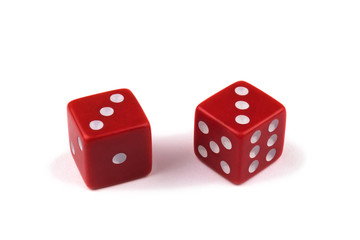 Two red dice closeup, isolated on white background, three and three