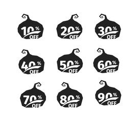 Black pumpkins silhouette with discount amount. Black vector tag collection on white background. Sale label.