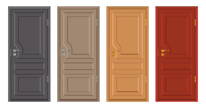 colored wooden doors isolated on white background, realistic wooden door, colour illustration of different door design, office interior or exterior element, room design, vector graphics to design