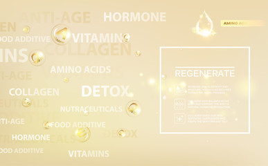 Regenerate cream and Vitamin Label. Concept Skin Care Cosmetic. Sphere bubbles with vitamin letters over the golden background. Vector illustration.