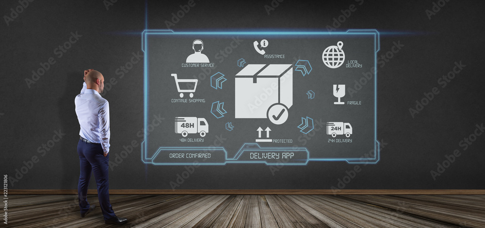 Poster logistic delivery application screen 3d rendering
