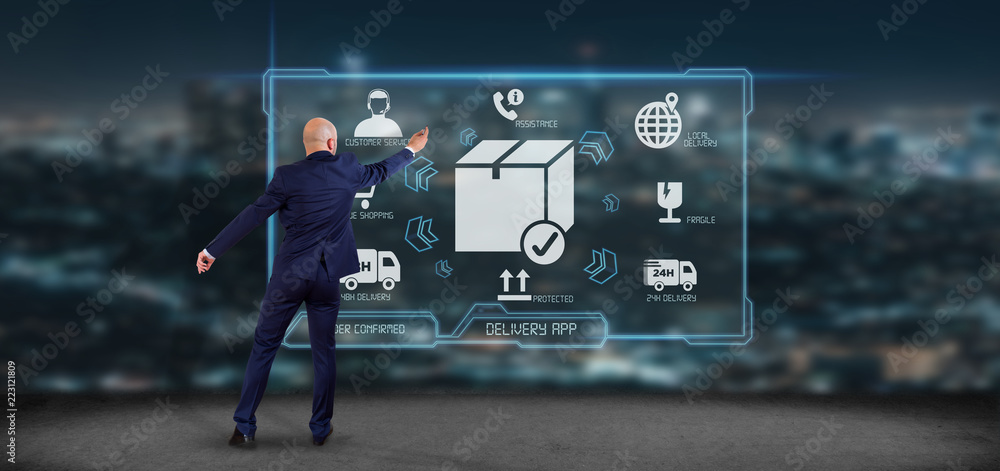 Poster logistic delivery application screen 3d rendering