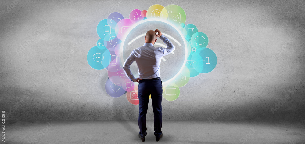 Poster businessman in front of a wifi icon surrounding by colorfull social media icon 3d rendering