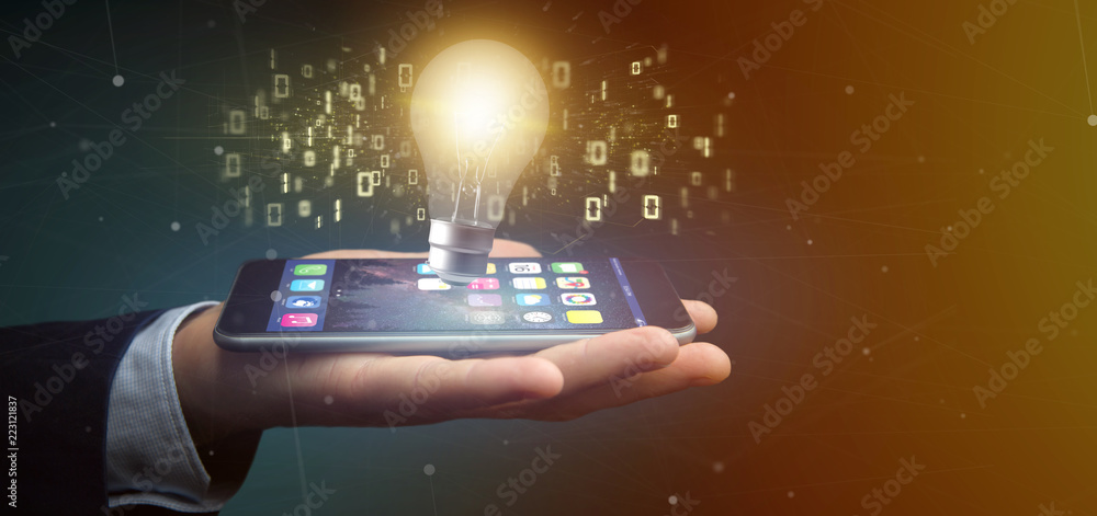 Poster businessman holding a bulb lamp idea concept with data all around 3d rendering