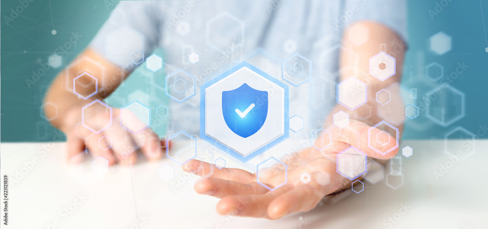 Poster man holding a shield web security concept 3d rendering