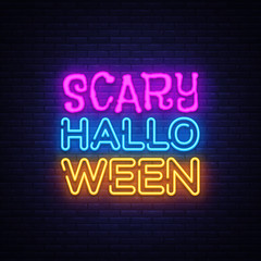 Scary Halloween neon text vector design template. Halloween neon logo, light banner design element colorful modern design trend, night bright advertising, bright sign. Vector illustration