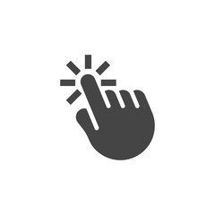 Click hand black flat icon. Finger clicker as a mouse web graphic pictogram. Pointer, cursor, navigation in information systems concept label. Computer element. Vector illustration isolated