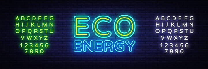 Eco Energy Neon Logo Vector. Green Energy neon sign, design template, modern trend design, night neon signboard, night bright advertising, light banner, light art. Vector. Editing text neon sign
