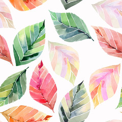 Beautiful lovely cute wonderful graphic bright floral herbal autumn orange green yellow leaves pattern watercolor hand