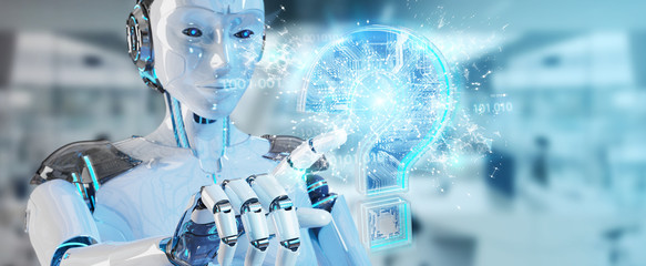 Cyborg solving problem with digital question marks 3D rendering