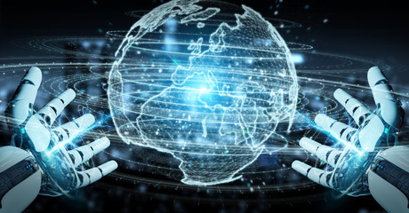White humanoid hand using globe network hologram with Europe map 3D rendering