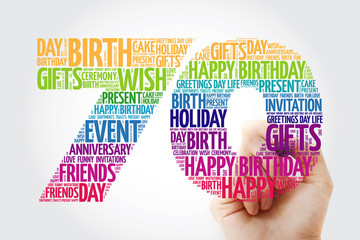 Happy 70th birthday word cloud collage with marker