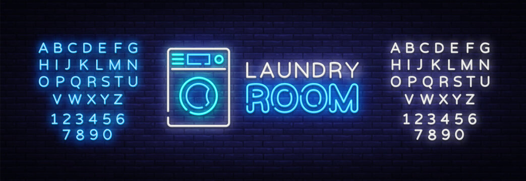 Laundry Room Neon Logo Vector. Dry Cleaning Neon Sign, Design Template, Modern Trend Design, Night Neon Signboard, Night Bright Advertising, Light Banner, Light Art. Vector. Editing Text Neon Sign