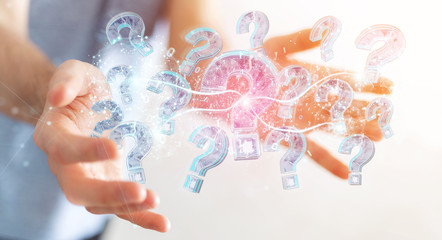 Businessman solving problem with digital question marks 3D rendering