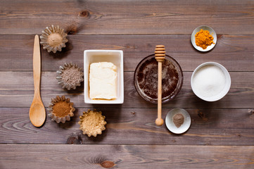 Ingredients for traditional sweets on the rustic wooden table
