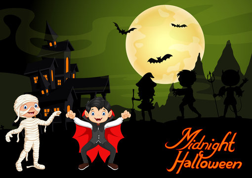 Cute child in a mummy and vampire costume. Halloween night background with haunted house and full moon