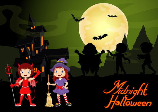 Cute child in a devil and witch costume. Halloween night background with haunted house and full moon