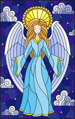Naklejki  Ilustracja w stylu witrażu z aniołem dziewczyny w niebieskiej sukience na tle gwiaździstego nieba i chmur