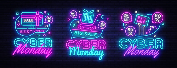 Big set Cyber Monday, Vector illustration discount sale concept in neon style, online shopping and marketing concept. Neon Light signboard, bright banner, illuminated advertisement