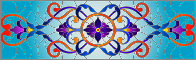 Illustration in stained glass style with abstract  swirls,flowers and leaves  on a blue background,horizontal orientation