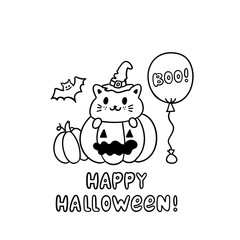 Funny cat in halloween pumpkin and inscription Happy Halloween. It can be used for sticker, patch, phone case, poster, t-shirt, mug etc.