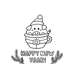 Sweet pig in a mug stylized like a santa suit. Inscription: Happy New Year! with spruce branches. It can be used for sticker, patch, phone case, poster, t-shirt, mug and other design.