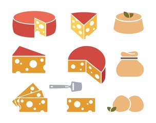 Pieces of cheese icons on white background. Different cheese types in flat style.
