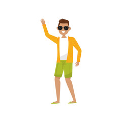 Happy smiling guy waving his hand, young man enjoying summer vacation vector Illustration on a white background