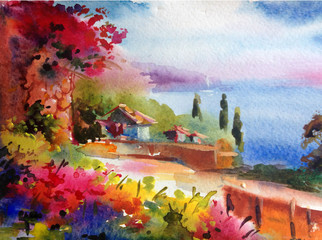 Fototapeta na wymiar Watercolor colorful bright textured abstract background handmade . Mediterranean landscape . Painting of architecture and vegetation of the sea coast , made in the technique of watercolors from nature